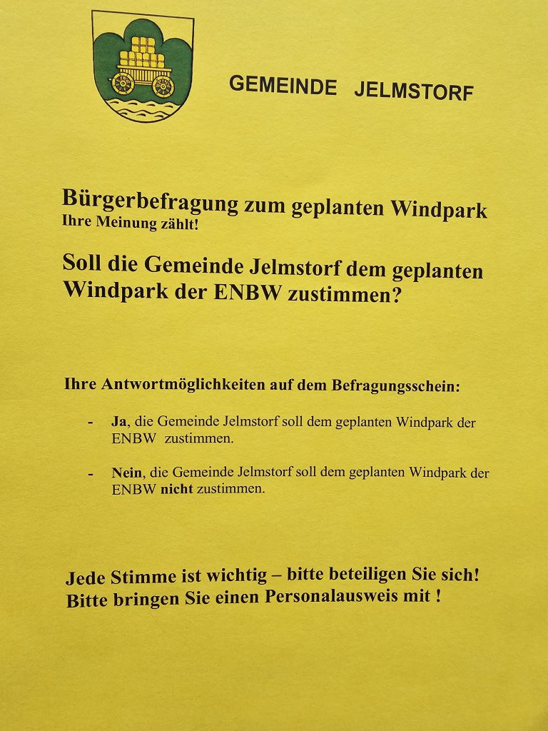 Bürgerbefragung zu den geplanten Windparkprojekten im Bereich Jelmstorf